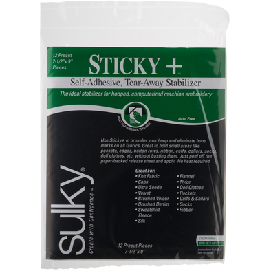 Sulky Sticky + Stabilizer - White - 7 1/2'' x 9" Pre-cut Pkg. (12 Sheets)