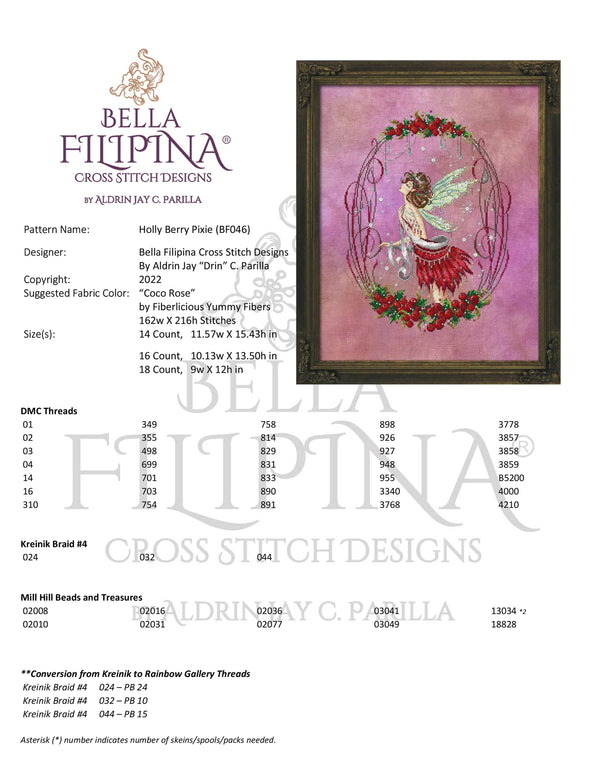 Holly Berry Pixie by Bella Filipina Designs Size DMC Threads