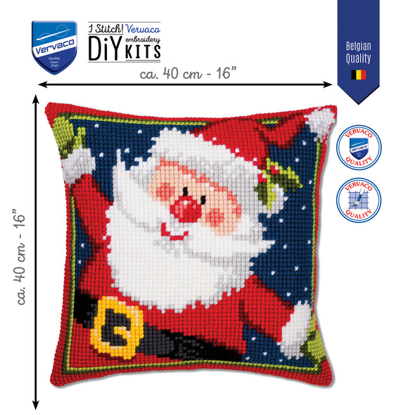 Cross-stitched pillow with Santa Claus design, featuring Vervaco branding and dimensions.