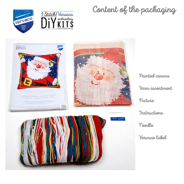 Vervaco embroidery DIY kit with packaging, yarn, and picture on a white background