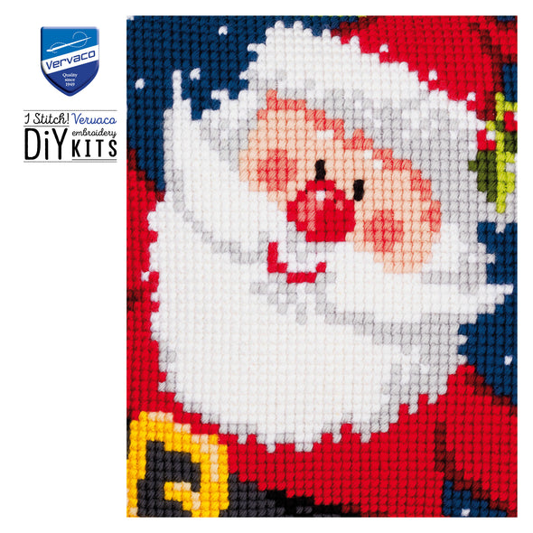 Cross-stitch kit with a Santa Claus design on a blue and red background, featuring Vervaco branding.