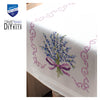 Embroidered tablecloth with lavender design and Vervaco logo