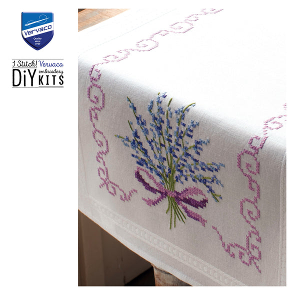Embroidered tablecloth with lavender design and Vervaco logo