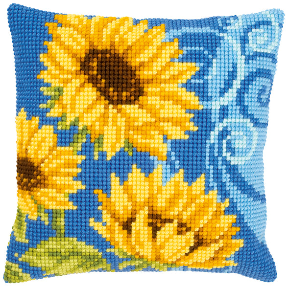 Sunflowers on Blue Cross Stitch Cushion Kit by Vervaco