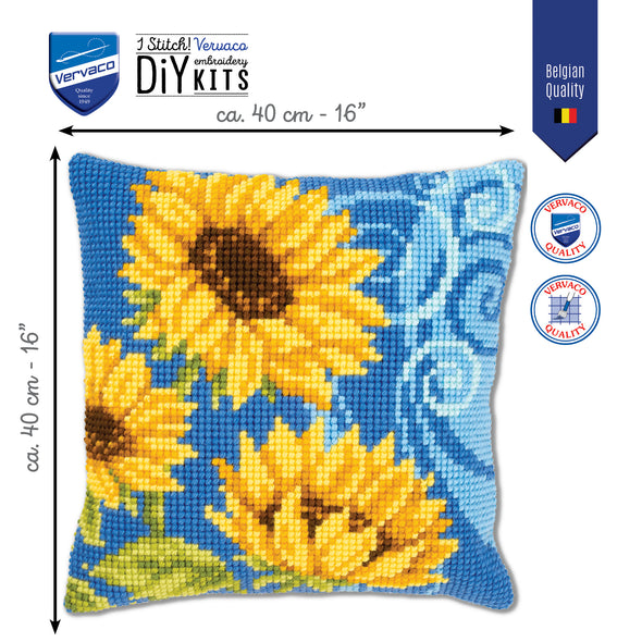 Sunflowers on Blue Cross Stitch Cushion Kit by Vervaco