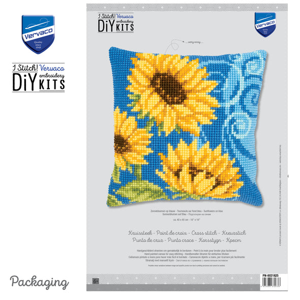 Sunflowers on Blue Cross Stitch Cushion Kit by Vervaco