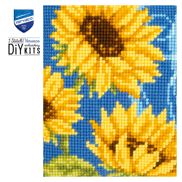 Sunflowers on Blue Cross Stitch Cushion Kit by Vervaco