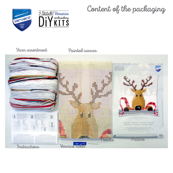 Vervaco embroidery DIY kit packaging with yarn, canvas, and instructions.