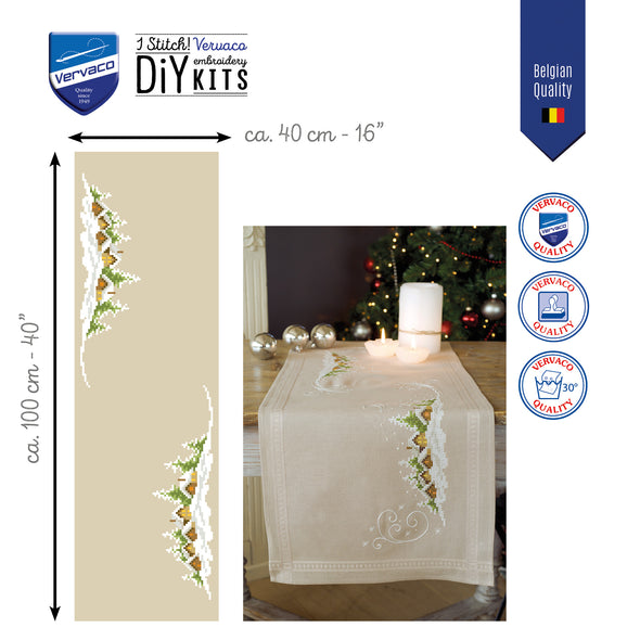 Embroidered table runner with decorative patterns on a white background, featuring Vervaco branding.