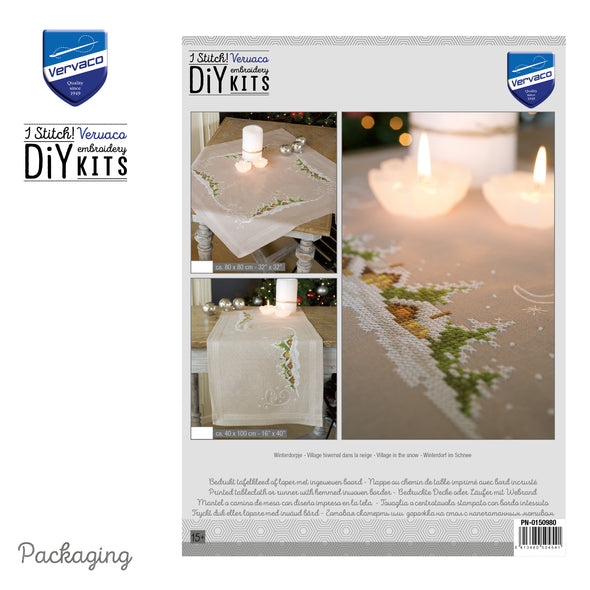 Vervaco DIY Kits packaging with embroidery designs and candles on a table.