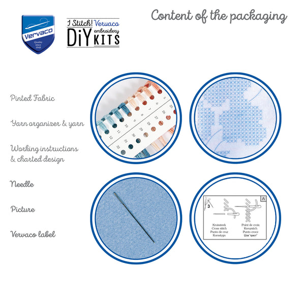 Vervaco embroidery DIY kit content with labeled components on a white background