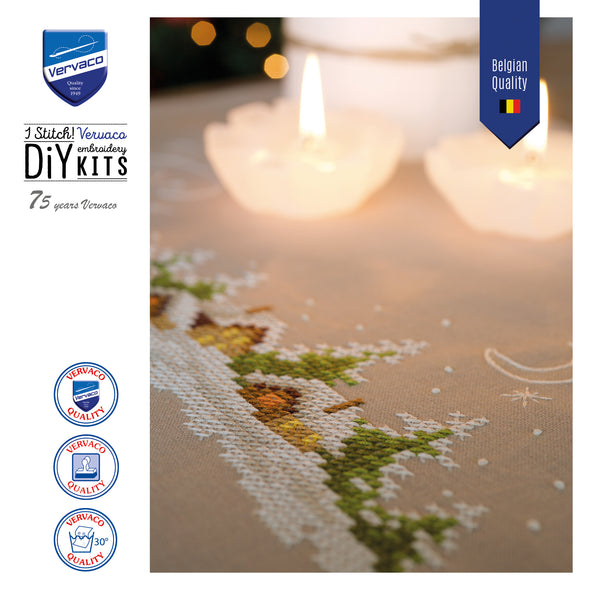 Cross-stitched Christmas tree design with candles in the background, featuring Vervaco branding.