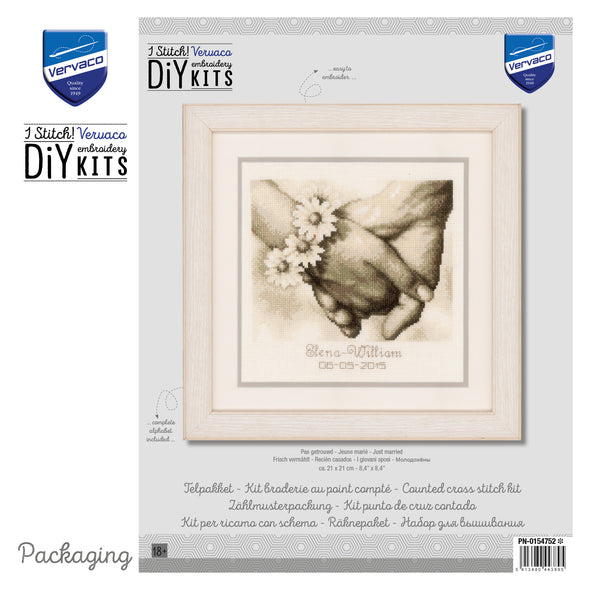 Vervaco DIY embroidery kit packaging with hands holding a flower design.