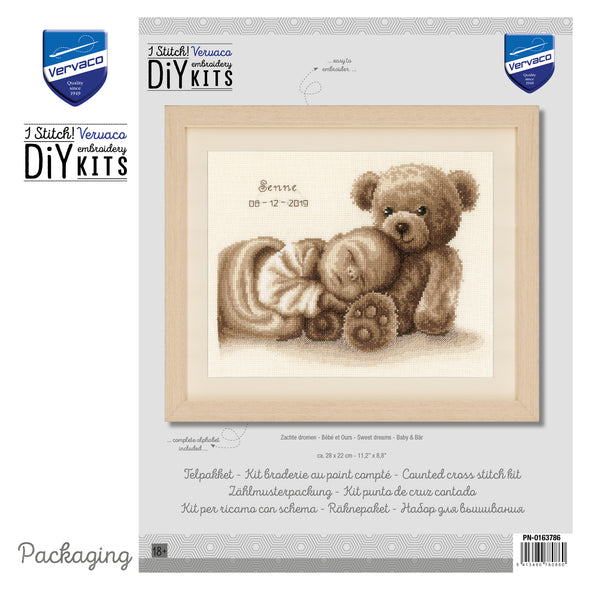 Vervaco DIY embroidery kit packaging with teddy bear and baby design