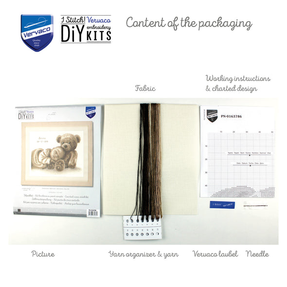 Vervaco embroidery DIY kit packaging with fabric, yarn, needle, and chart on a white background