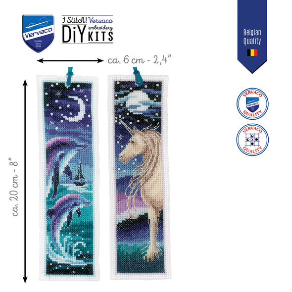 Dolphin and Unicorn set of 2 Cross Stitch Bookmark Kit by Vervaco