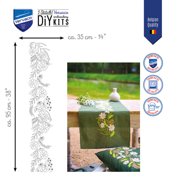 Vervaco embroidery DIY kit packaging with tablecloth and floral design, featuring dimensions and quality badges.