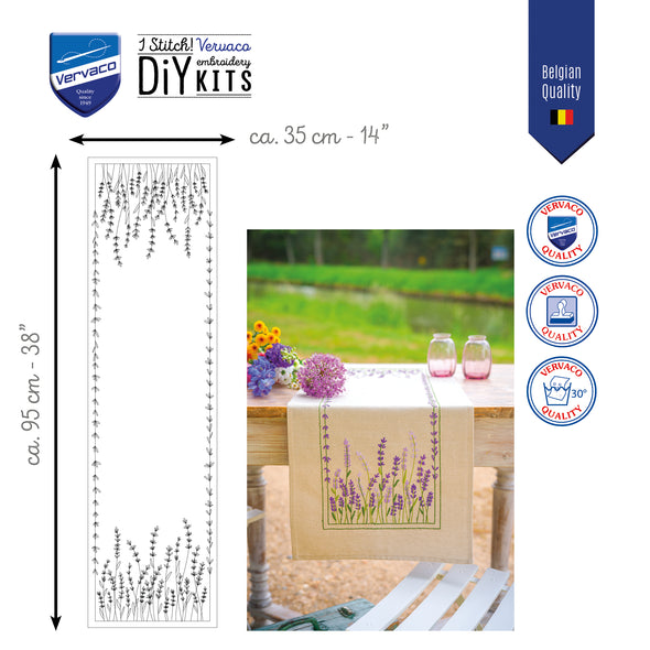 Vervaco embroidery kit packaging with lavender design, dimensions, and outdoor scene.